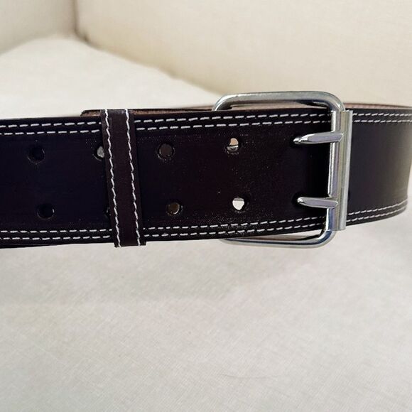 NEW Deep Brown Chunky Leather Belt with Silver Buckle - Picture 2 of 3